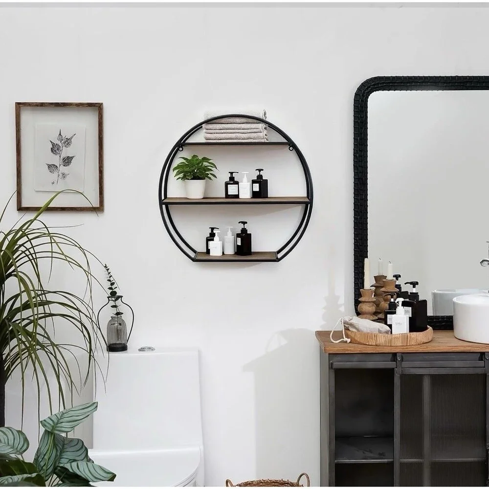Industrial 3-Tier Semi-Circle Wall Shelves with Metal Bracket and Wood